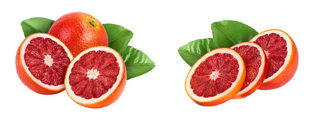 Blood red oranges isolated on white background with full depth of field