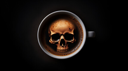cup of coffee with human skull inside, coffee beans background