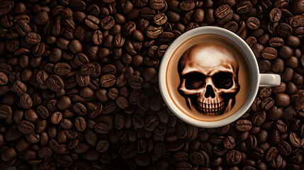 cup of coffee with human skull inside, coffee beans background - obrazy, fototapety, plakaty