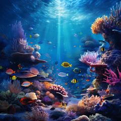 Fototapeta na wymiar Underwater scene with schools of tropical fish and coral reefs