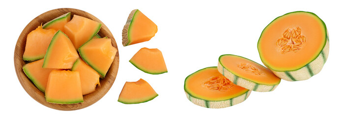 Cantaloupe melon pieces in wooden bowl isolated on white background. Top view. Flat lay
