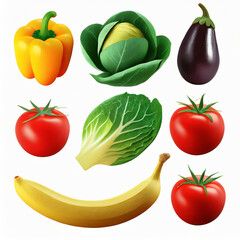3D illustration of vegetables like this tomato, banana, cabbage, avocado, eggplant, bok choy and red chili, Isolated set of 3d vegetable icons, modern graphic, autumn harvest food on white background  - obrazy, fototapety, plakaty