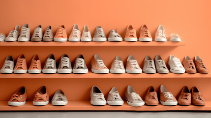 Collection of shoes on display in varying shades of white and orange