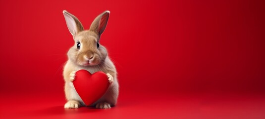 Funny animal Valentines Day, love, easter, wedding celebration concept greeting card - Cute rabbit pet holding a red heart , isolated on red background