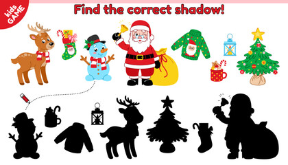 Kids Christmas game. Find the correct shadow. Educational puzzle for preschool and school children. Cartoon Santa Claus, reindeer, snowman, Xmas tree, New Year holiday sock. Activity book. Vector.