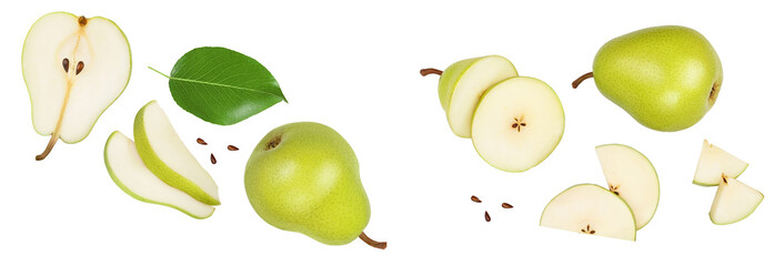 Green pear fruit with slices isolated on white background. Top view. Flat lay
