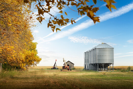 Storage bins and grain augers in a farmyard after fall harvest on the Canadian prairies in Kneehill County Alberta Canada.