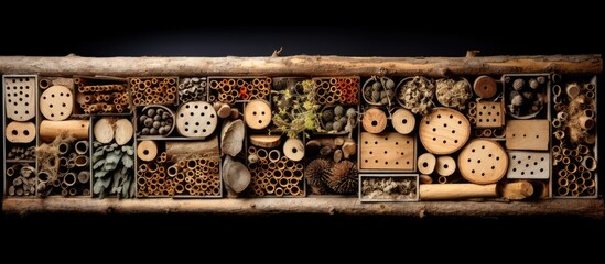 Bee insect hotel made of timber cane and wood plank tunnels for nesting in winter garden...