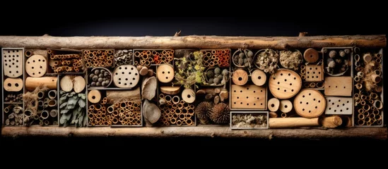 Foto op Plexiglas Bee insect hotel made of timber cane and wood plank tunnels for nesting in winter garden environment with webs and leaf build-up. © AkuAku