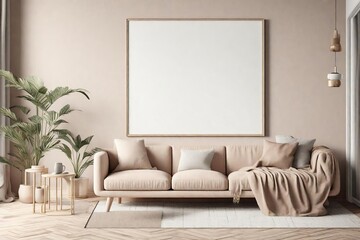 Elegant Living Room Interior with Comfortable Sofa, Blank Framed Artwork on Wall, Decorative Plants, and Modern Lighting
