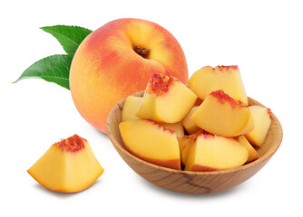 Ripe peach fruit slices in wooden bowl isolated on white background with full depth of field