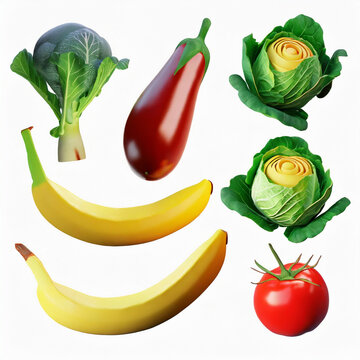 3D illustration of vegetables like this tomato, banana, cabbage, avocado, eggplant, bok choy and red chili, Isolated set of 3d vegetable icons, modern graphic, autumn harvest food on white background 