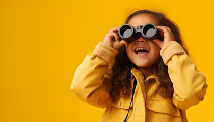 Happy girl with binoculars on yellow background