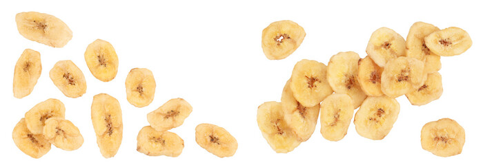 Dried banana chips isolated on white background. Top view with copy space for your text. Flat lay