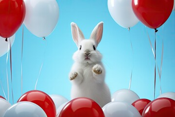 Cute, White, Bunny, and Balloons. Congratulatory template.