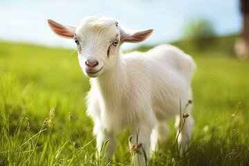 A lonely white goat standing on a grassy field.