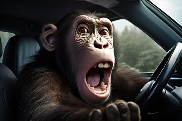 Face of a frightened monkey driving a car. Chimpanzee screaming at the wheel of a car.