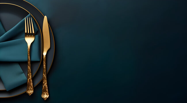 Dark blue setting, gold knife, fork, teal napkin, elegant table, luxurious feel, rich colors, dinner preparation, classy design with copy space, website