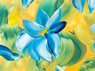 Blue abstract flowers, original hand drawn, impressionism style, color texture, brush strokes of paint,  art background.