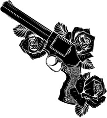 black silhouette of Revolver with rose isolated on white