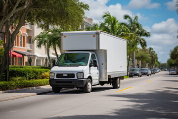 real photo of a white cargo van with a white blank empty trailer for ad on a Florida condominium street. driving in motion.. --ar 3:2 --style raw --v 5.2 Job ID: 2414788f-4e9e-4af2-93bc-00ba16412f20
