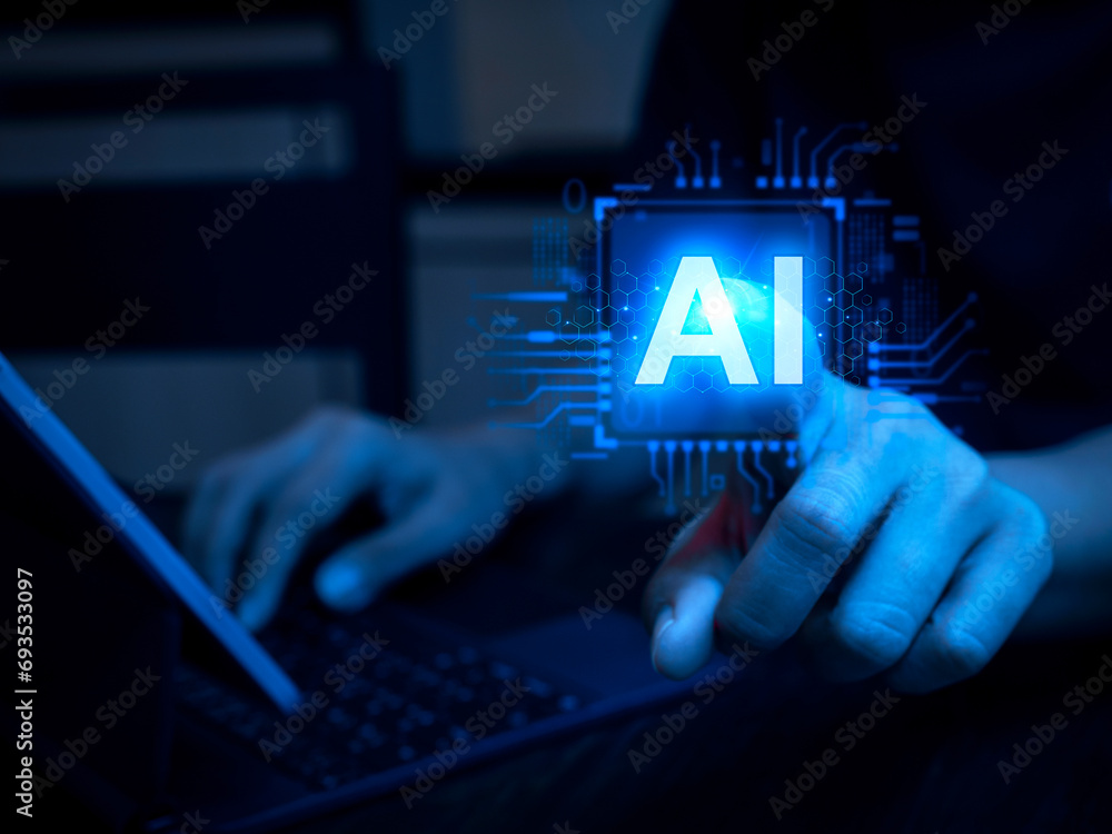 Poster ai generated, futuristic technology. ai chip, press by businessman who work with laptop computer. ar