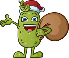 Cute adorable christmas pickle giving a ta da and a big cheerful smile and holding a santa sack of toys for all the good girls and boys during the festive december season