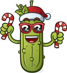 Cool christmas pickle cartoon with attitude and sunglasses holding a a couple festive candy canes for all the good girls and boys on christmas morning