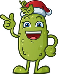 Cute adorable christmas pickle giving a point and a big cheerful smile for the holiday season and celebrating an old tradition