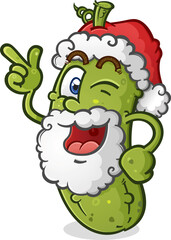 Christmas pickle cartoon character dressed as santa claus while pointing and giving a mischievous wink because he is always watching all of the girls and boys for his list 