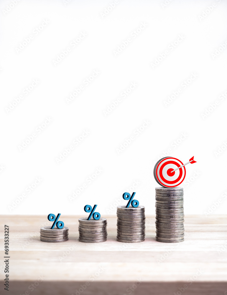 Aufkleber 3d target icon and blue percentage symbol on coin stacked as a bar graph chart steps isolated on whi