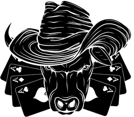 black silhouette of Cartoon style bull with cowboy hat, animal vector logo.