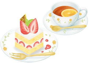 イチゴケーキと紅茶セットの水彩イラスト