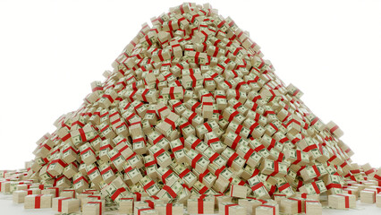 Money on pile render, white background, dollars with red bands.