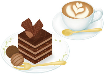 チョコレートケーキとカフェラテセットの水彩イラスト