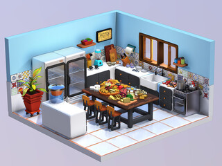 Isometric 3D model render interior cheese shop kitchen illustration Cooking with cheese board preparation 3D kitchen utensils. 3D kitchen furniture 3D kitchen appliances isometric view
