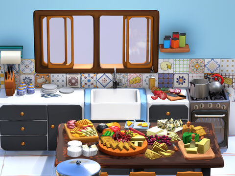 Isometric 3D model render interior cheese shop kitchen illustration Cooking with cheese board preparation 3D kitchen utensils. 3D kitchen furniture 3D kitchen appliances isometric view