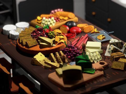 Isometric 3D model render interior cheese shop kitchen illustration Cooking with cheese board preparation 3D kitchen utensils. 3D kitchen furniture 3D kitchen appliances isometric view