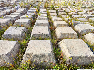 Rows of concrete cubes or rectangles on the bank of a river with grass. Breakwaters, protection...