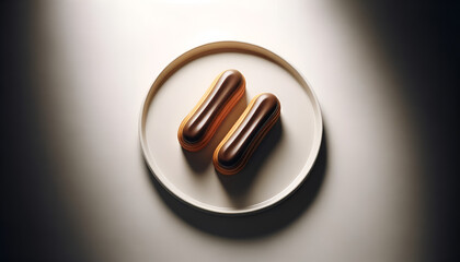 Overhead view of two chocolate eclairs on a sleek white plate