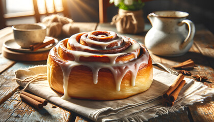 Close-up of freshly baked cinnamon roll with icing