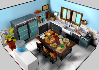 Isometric 3D model render interior cheese shop kitchen illustration Cooking with cheese board preparation 3D kitchen utensils. 3D kitchen furniture 3D kitchen appliances isometric view