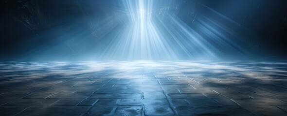 rays of light shine from a blue floor generative AI