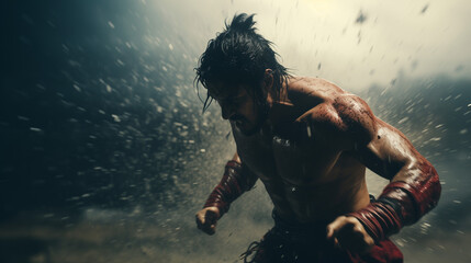 Tenacious fighter training for combat. Muscular man exercising punches, isolated against a dark background with splashes of water. Wallpaper depicting the themes of struggle, perseverance and training