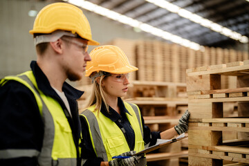 workers man and woman engineering walking and inspecting timbers wood in warehouse. Concept of smart industry worker operating. Wood factories produce wood palate.