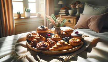 a tray of assorted pastries, including croissants and danishes - obrazy, fototapety, plakaty