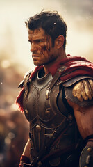 Fototapeta na wymiar A roman warrior in detailed armor, red cape flowing, stands ready for battle amidst a hazy, with a golden battlefield atmosphere. Epic and heroic character