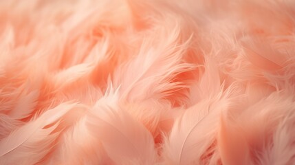 Close-up of Abstract Peach Fuzz color background with feathers, selective focus and copy space for text.