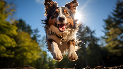 A dynamic shot of a dog leaping to catch a frisbee, showcasing the athleticism and enthusiasm that dogs bring to outdoor play.