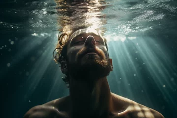Foto op Plexiglas CloseUp   Mann taucht Unterwasser © stockmotion